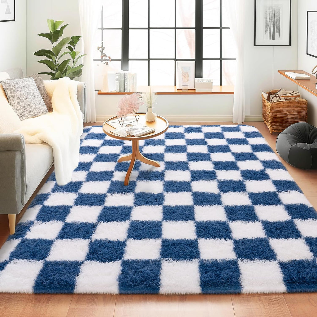 5x7 Feet Checkered Area Rugs For Living Room, Black Modern Super Soft Fluffy Rugs for Bedroom Home Aesthetic Decor