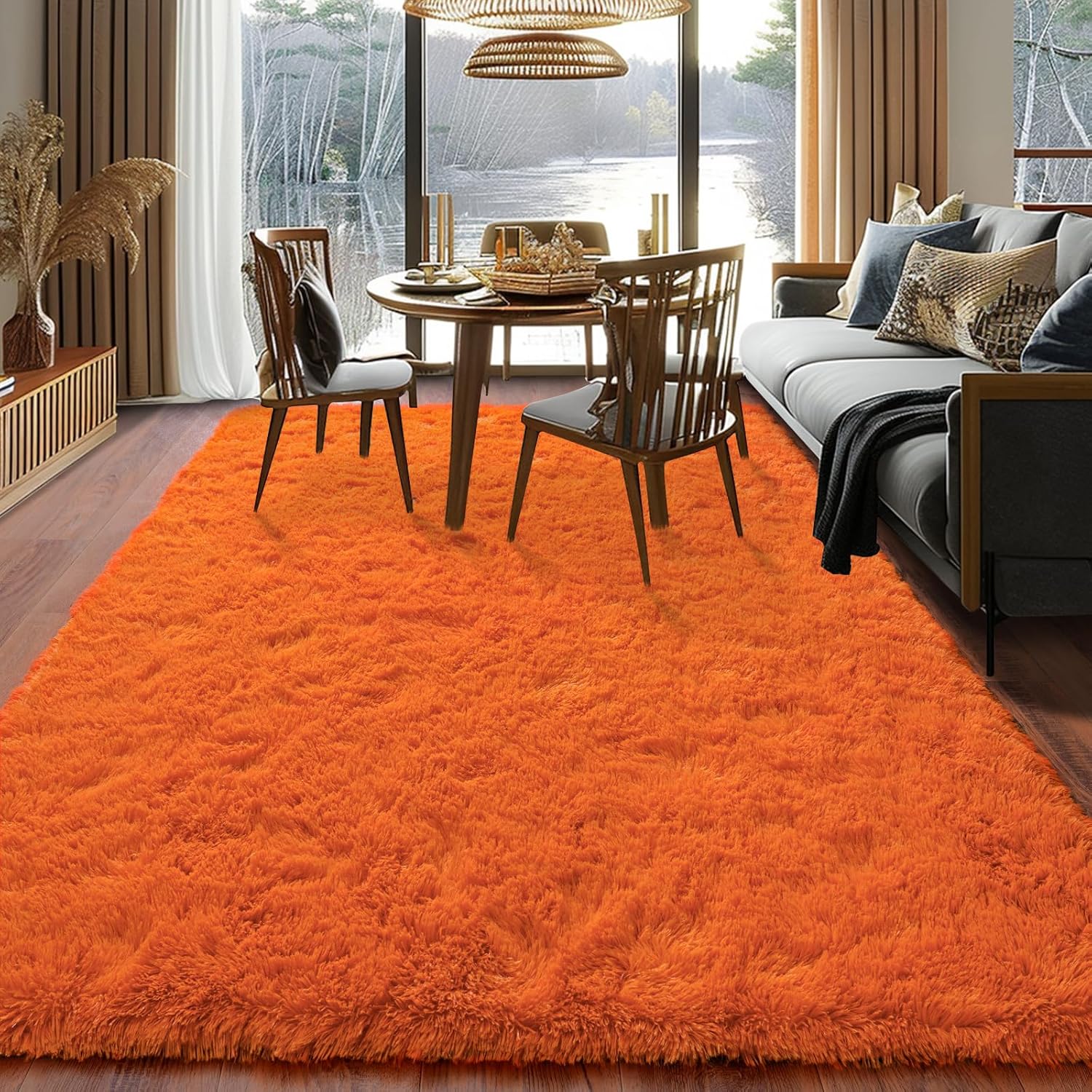 Orange Shag Rug, Ultra Soft 1.7" Thick, Non-Slip, 100% Polyester, Square & Round for Bedroom/Living Room