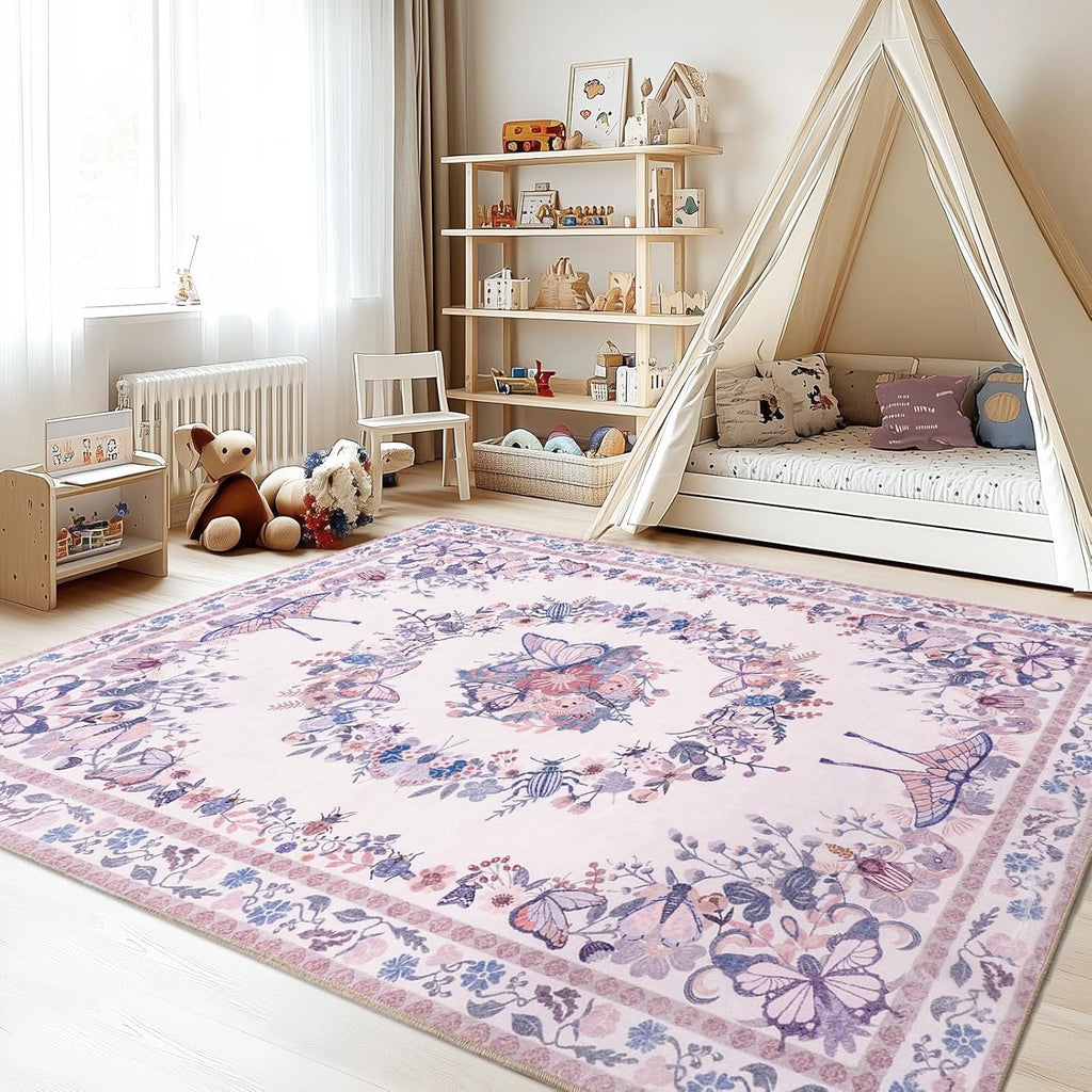 Large Beige Butterfly Floral Area Rug, Ultra-Thin Non-Slip Washable Mat for Living Room & Bedroom