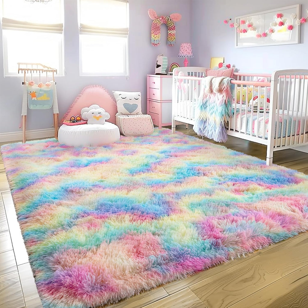 Rainbow Tie-Dye Fluffy Area Rug with Non-Slip Base & 4 Reusable Stickers, Plush Indoor Mat
