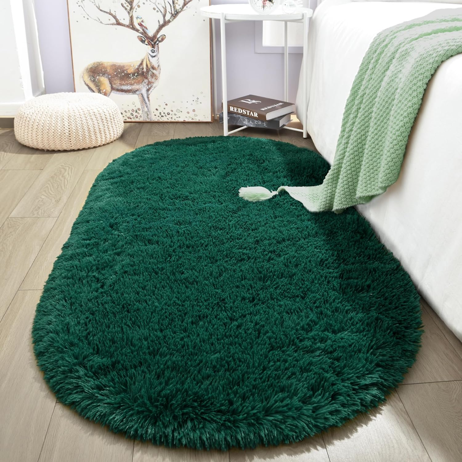 Fluffy Oval Area Rug 2.6 x 5.3 Ft, Soft Fuzzy Shag Carpet for Bedroom Bedside, Non-Slip Plush Shaggy Rug