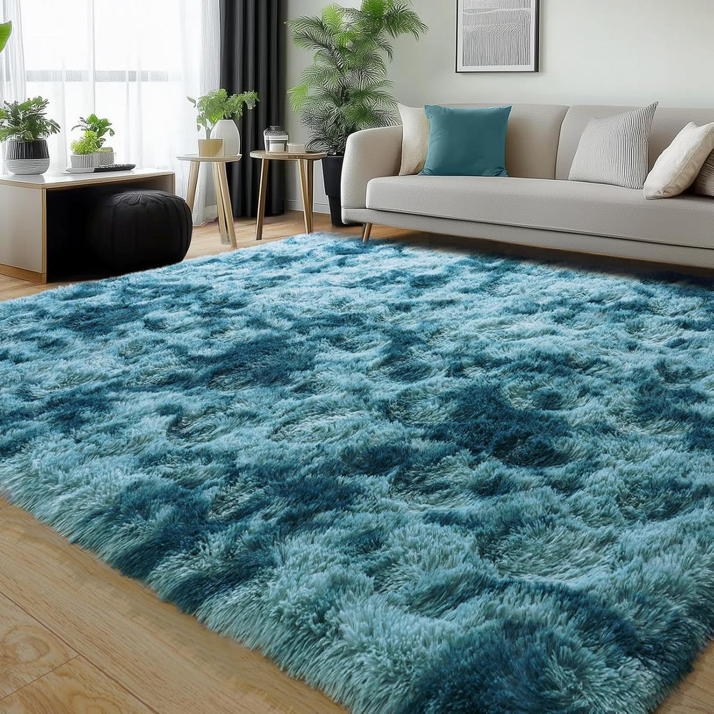 Extra Large Plush Shag Area Rug, 1.7" Thick Ultra Soft Non-Slip Tie-Dye Peacock Blue Mat