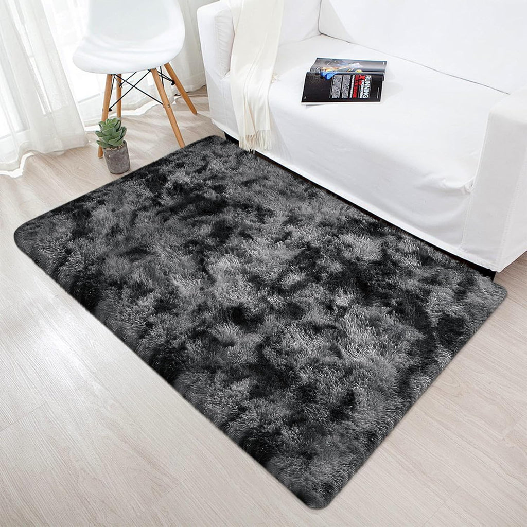 Tie-Dyed Gray Shag Rug, Ultra Soft 1.7" Plush, Non-Slip, 100% Polyester for Bedroom or Living Room