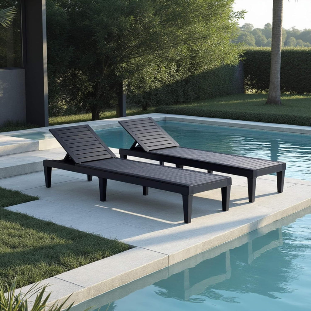 Chic Crate - Waterproof 2-Person Outdoor Chaise Lounge Set, Lightweight Black Patio Furniture - All-Weather Comfort