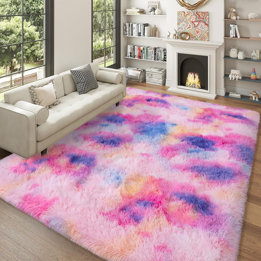 Extra Large Plush Shag Area Rug, 1.7" Thick Ultra Soft Non-Slip Tie-Dye Peacock Blue Mat