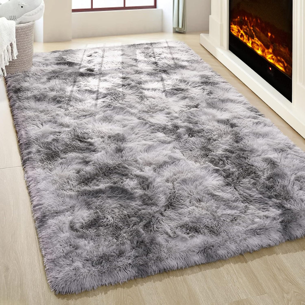 Tie-Dyed Gray Shag Rug, Ultra Soft 1.7" Plush, Non-Slip, 100% Polyester for Bedroom or Living Room