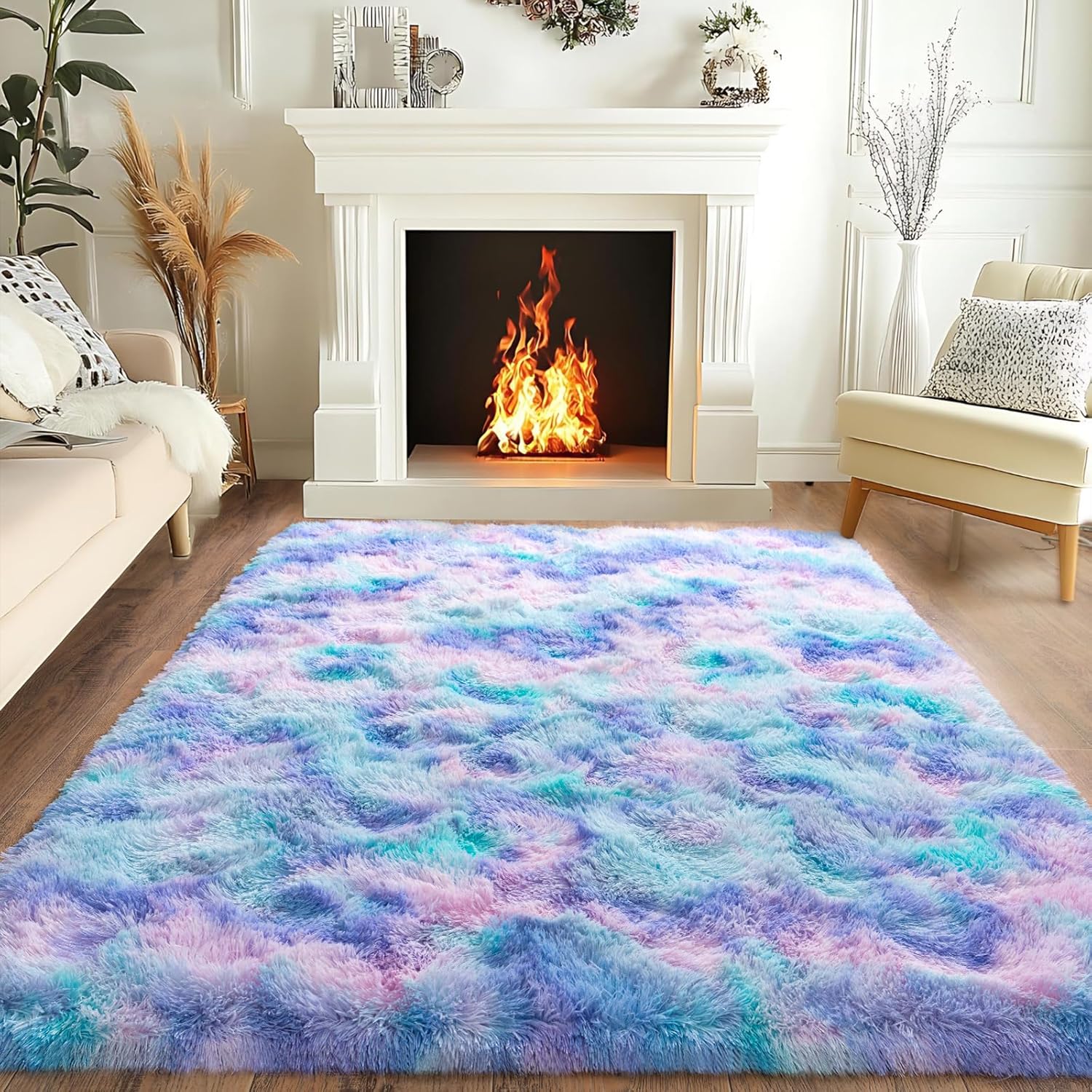 5x7ft Soft Fluffy Rainbow Area Rug, Non-Slip Shag Carpet for Living Room Bedroom, Plush Rug for Home Dorm Decor