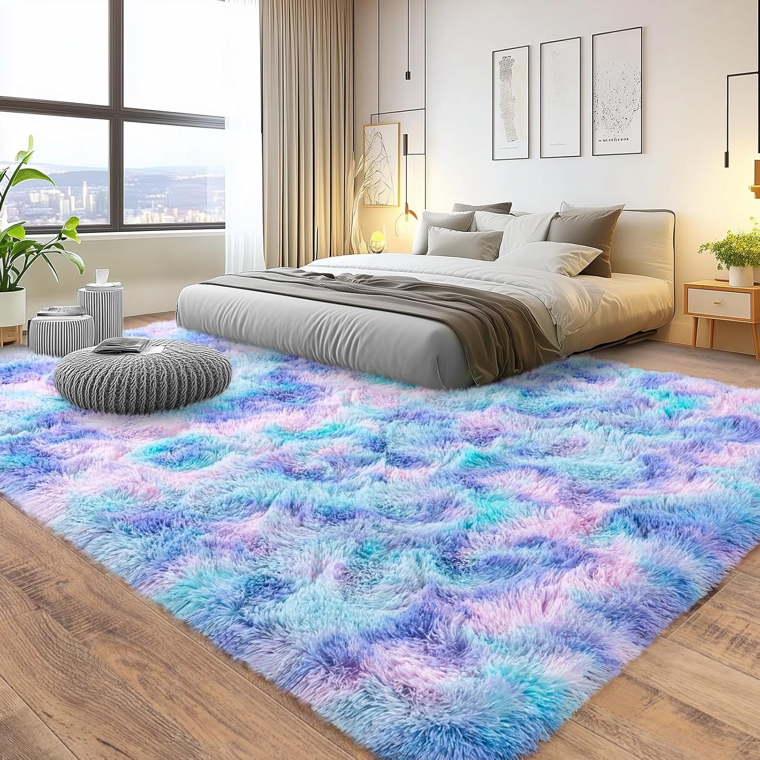 5x7ft Soft Fluffy Rainbow Area Rug, Non-Slip Shag Carpet for Living Room Bedroom, Plush Rug for Home Dorm Decor