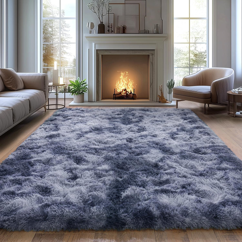 Tie-Dyed Gray Shag Rug, Ultra Soft 1.7" Plush, Non-Slip, 100% Polyester for Bedroom or Living Room