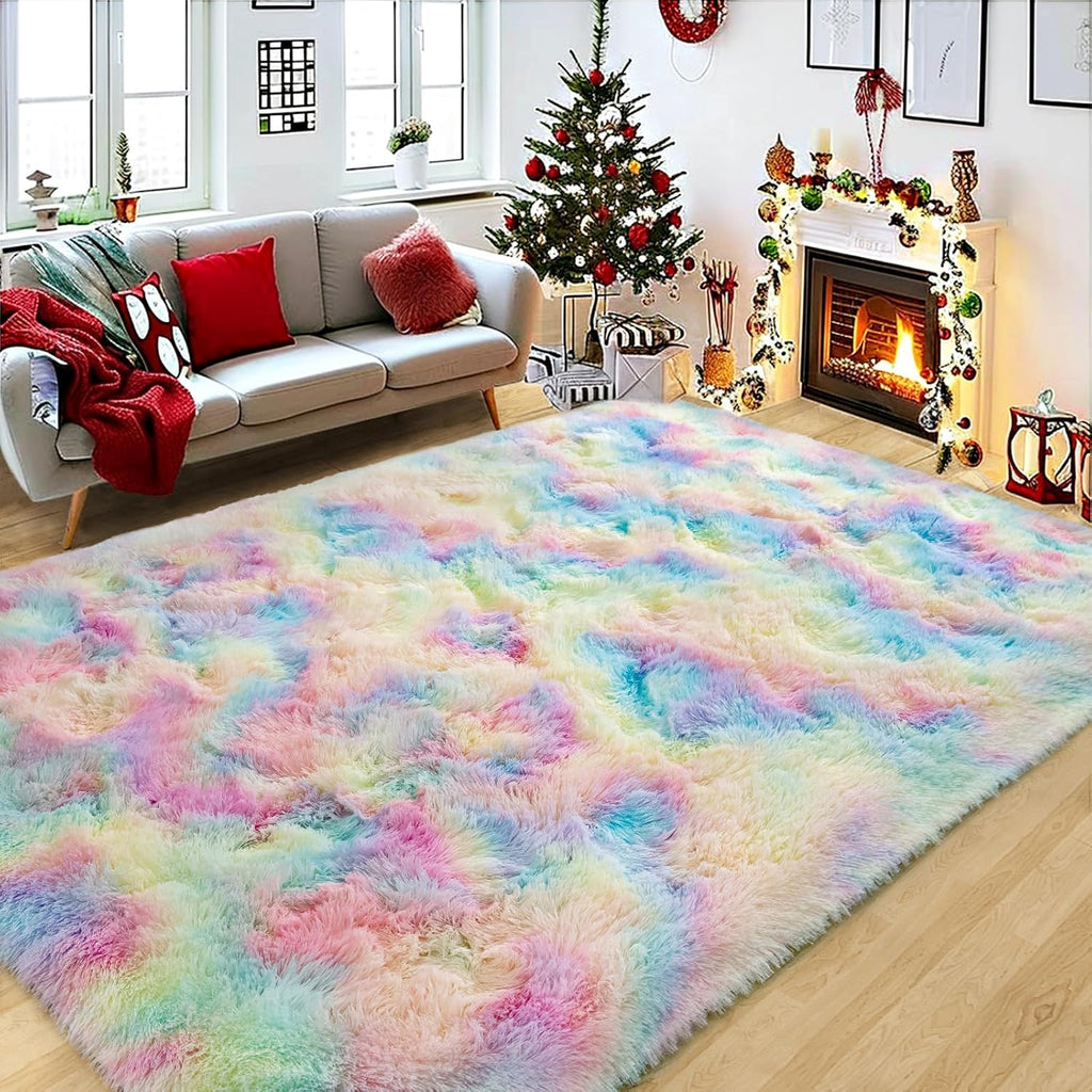 5x7ft Soft Fluffy Rainbow Area Rug, Non-Slip Shag Carpet for Living Room Bedroom, Plush Rug for Home Dorm Decor
