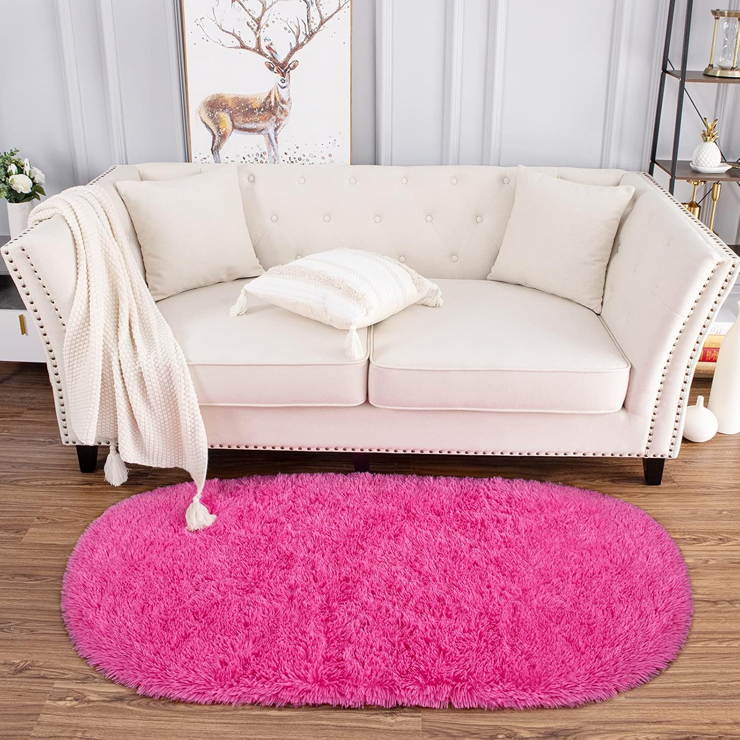 Fluffy Oval Area Rug 2.6 x 5.3 Ft, Soft Fuzzy Shag Carpet for Bedroom Bedside, Non-Slip Plush Shaggy Rug