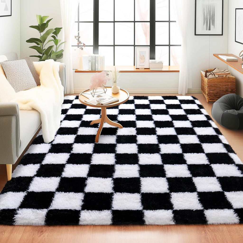 5x7 Feet Checkered Area Rugs For Living Room, Black Modern Super Soft Fluffy Rugs for Bedroom Home Aesthetic Decor