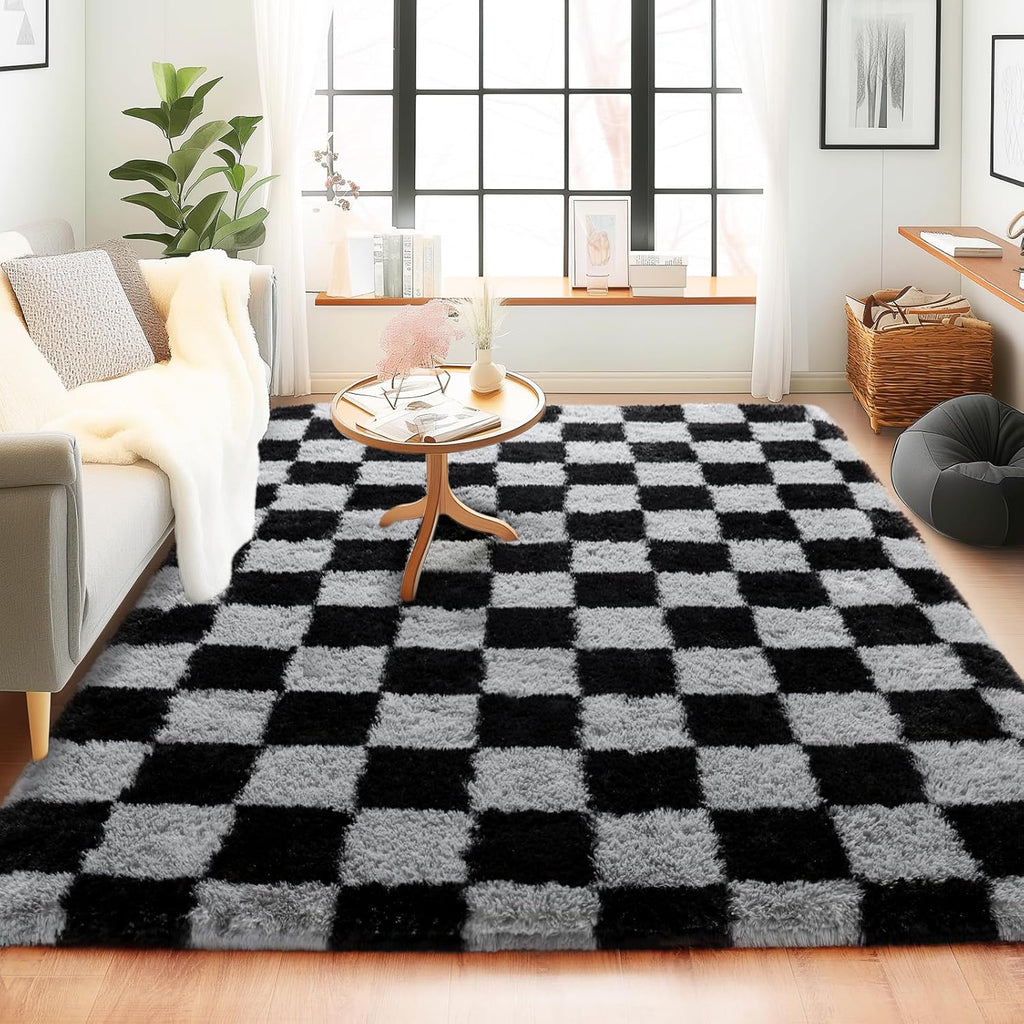 5x7 Feet Checkered Area Rugs For Living Room, Black Modern Super Soft Fluffy Rugs for Bedroom Home Aesthetic Decor