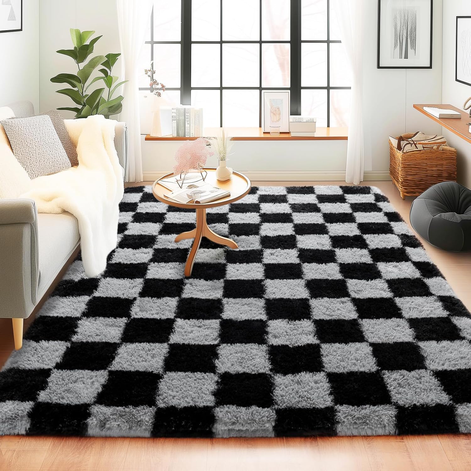 5x7 Feet Checkered Area Rugs For Living Room, Black Modern Super Soft Fluffy Rugs for Bedroom Home Aesthetic Decor