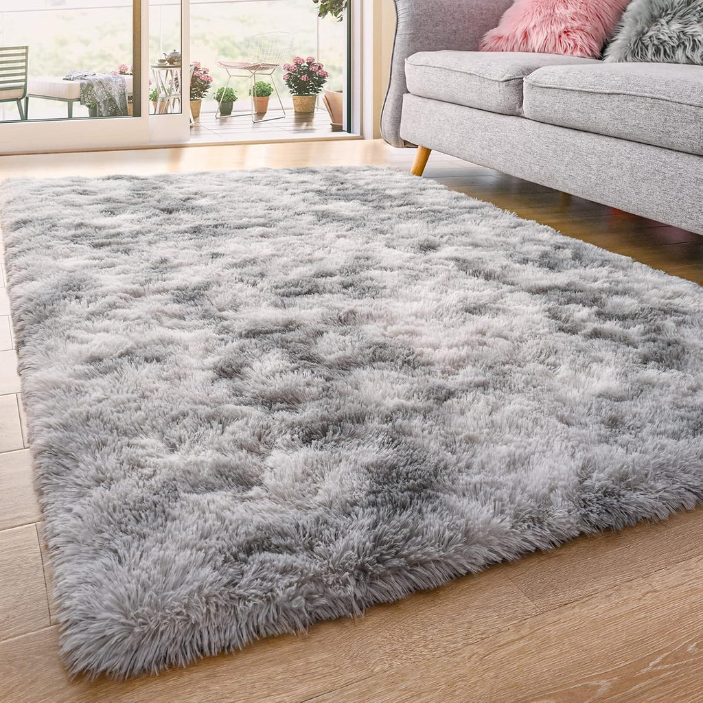 Tie-Dyed Gray Shag Rug, Ultra Soft 1.7" Plush, Non-Slip, 100% Polyester for Bedroom or Living Room