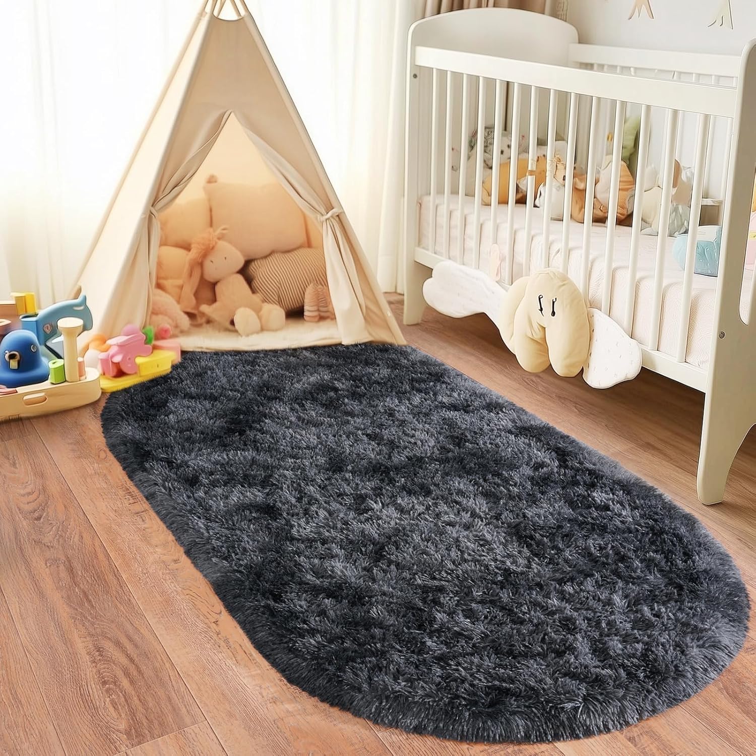 Fluffy Oval Area Rug 2.6 x 5.3 Ft, Soft Fuzzy Shag Carpet for Bedroom Bedside, Non-Slip Plush Shaggy Rug