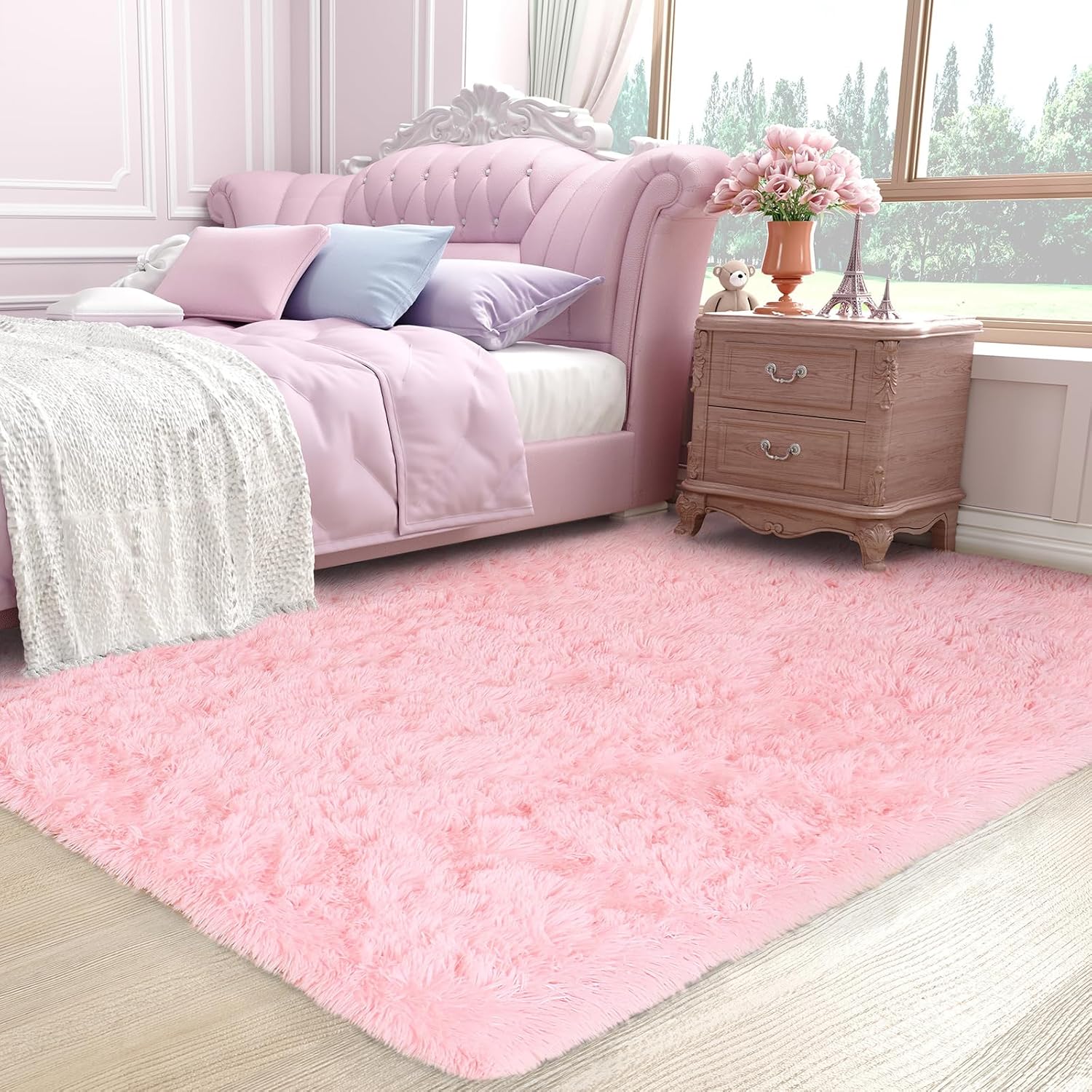 Blush Pink Shag Rug, Ultra Soft 1.7" Thick, Non-Slip, 100% Polyester, Modern Decor for Bedroom
