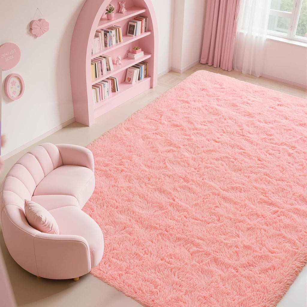 Blush Pink Shag Rug, Ultra Soft 1.7" Thick, Non-Slip, 100% Polyester, Modern Decor for Bedroom