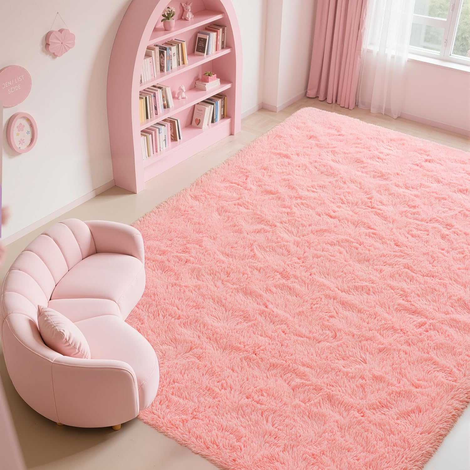 Blush Pink Shag Rug, Ultra Soft 1.7" Thick, Non-Slip, 100% Polyester, Modern Decor for Bedroom