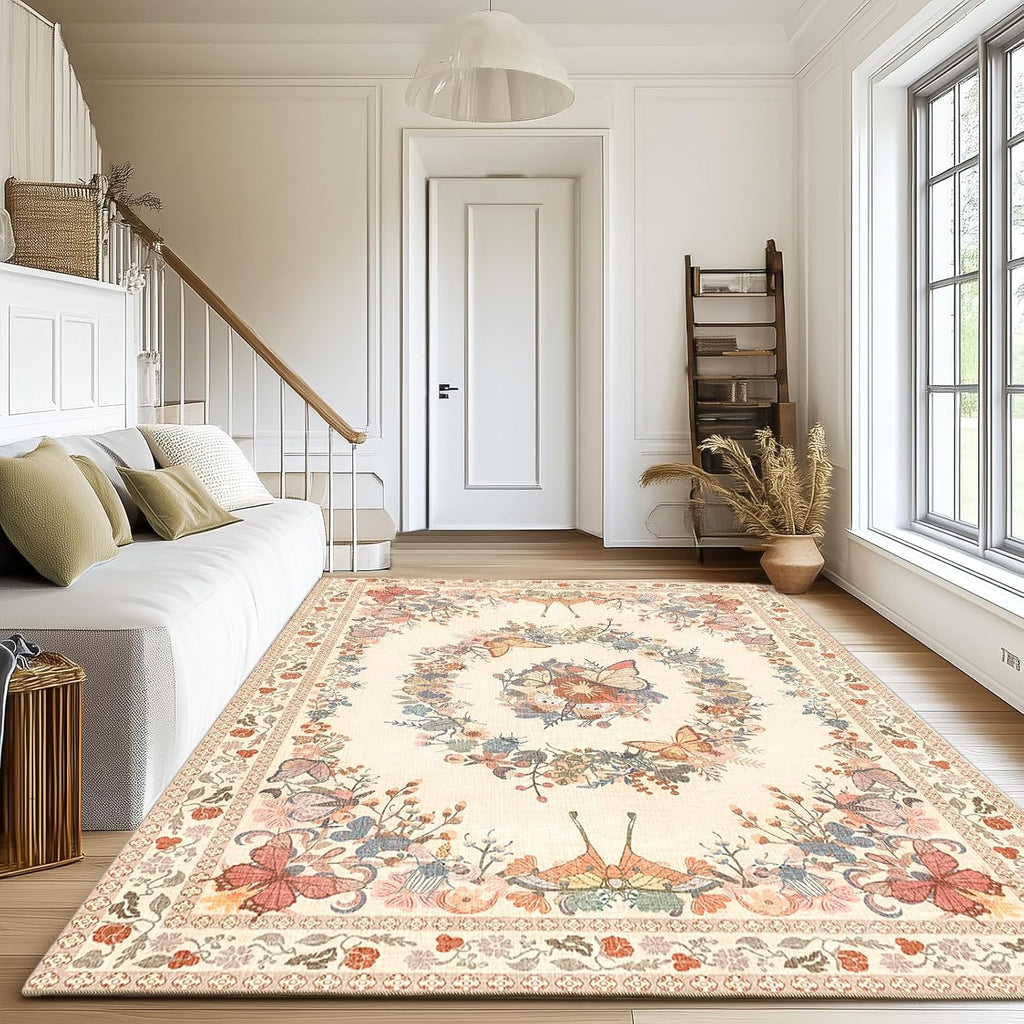 Large Beige Butterfly Floral Area Rug, Ultra-Thin Non-Slip Washable Mat for Living Room & Bedroom