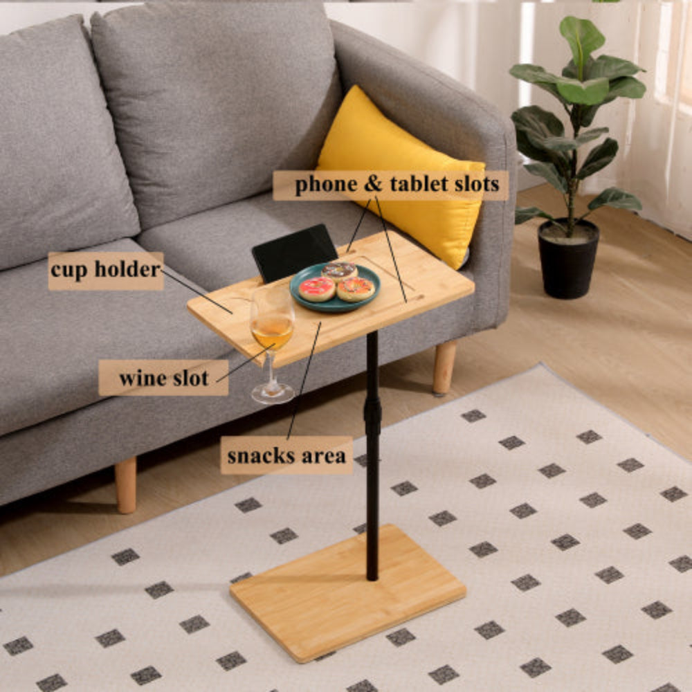 Bamboo C-Shaped Couch Tray Table, Height Adjustable with 2 Tiers & Slots, Versatile Sofa Side Table for Living Room & Bedroom