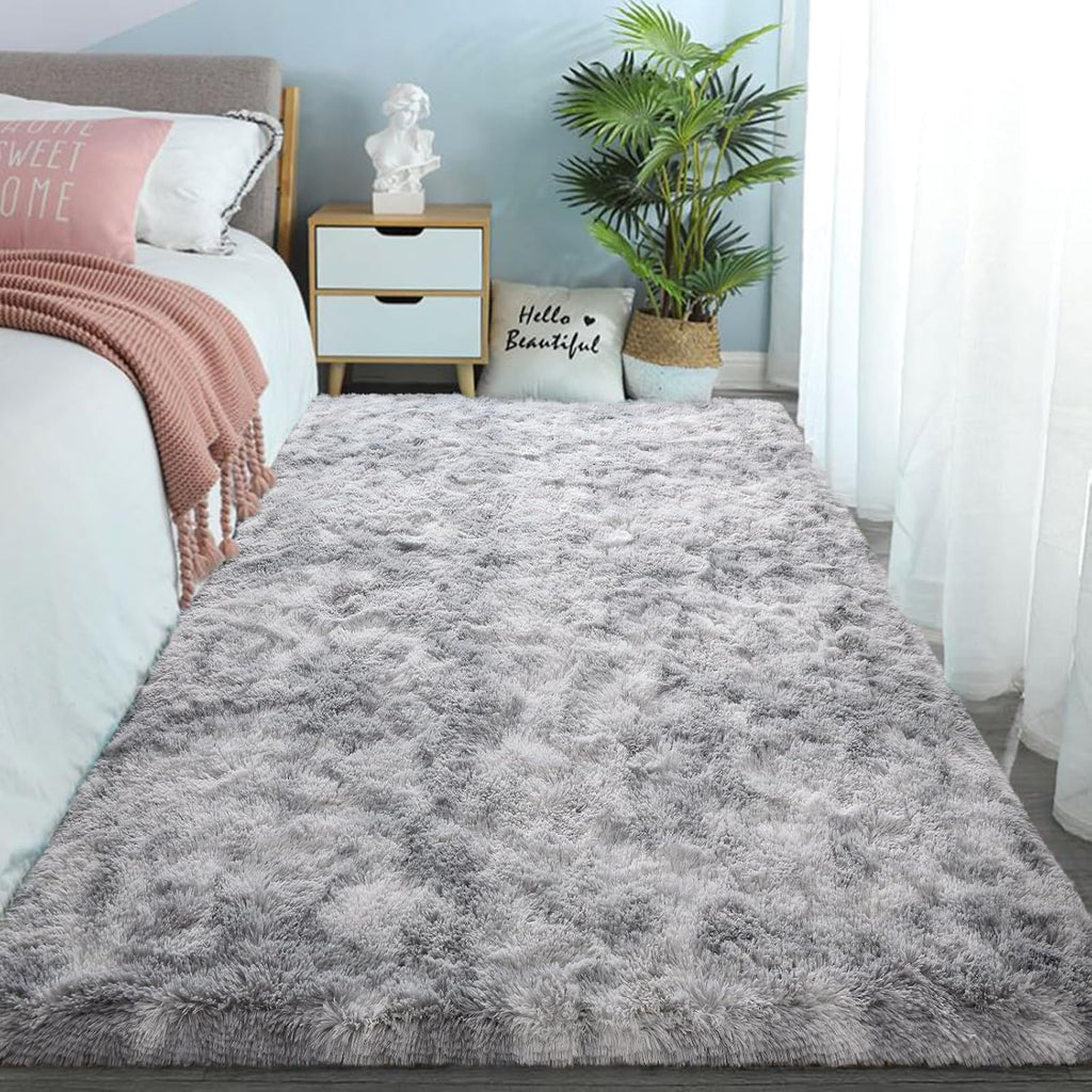 Tie-Dyed Gray Shag Rug, Ultra Soft 1.7" Plush, Non-Slip, 100% Polyester for Bedroom or Living Room