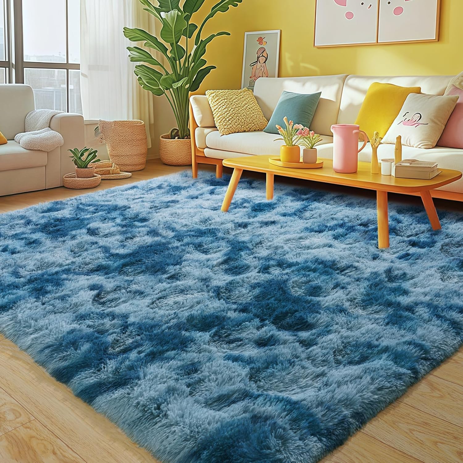 Extra Large Plush Shag Area Rug, 1.7" Thick Ultra Soft Non-Slip Tie-Dye Peacock Blue Mat