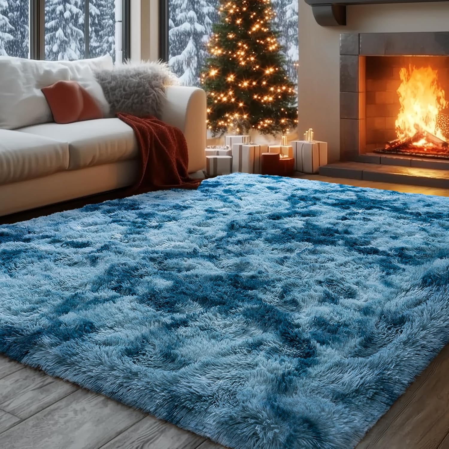 Extra Large Plush Shag Area Rug, 1.7" Thick Ultra Soft Non-Slip Tie-Dye Peacock Blue Mat