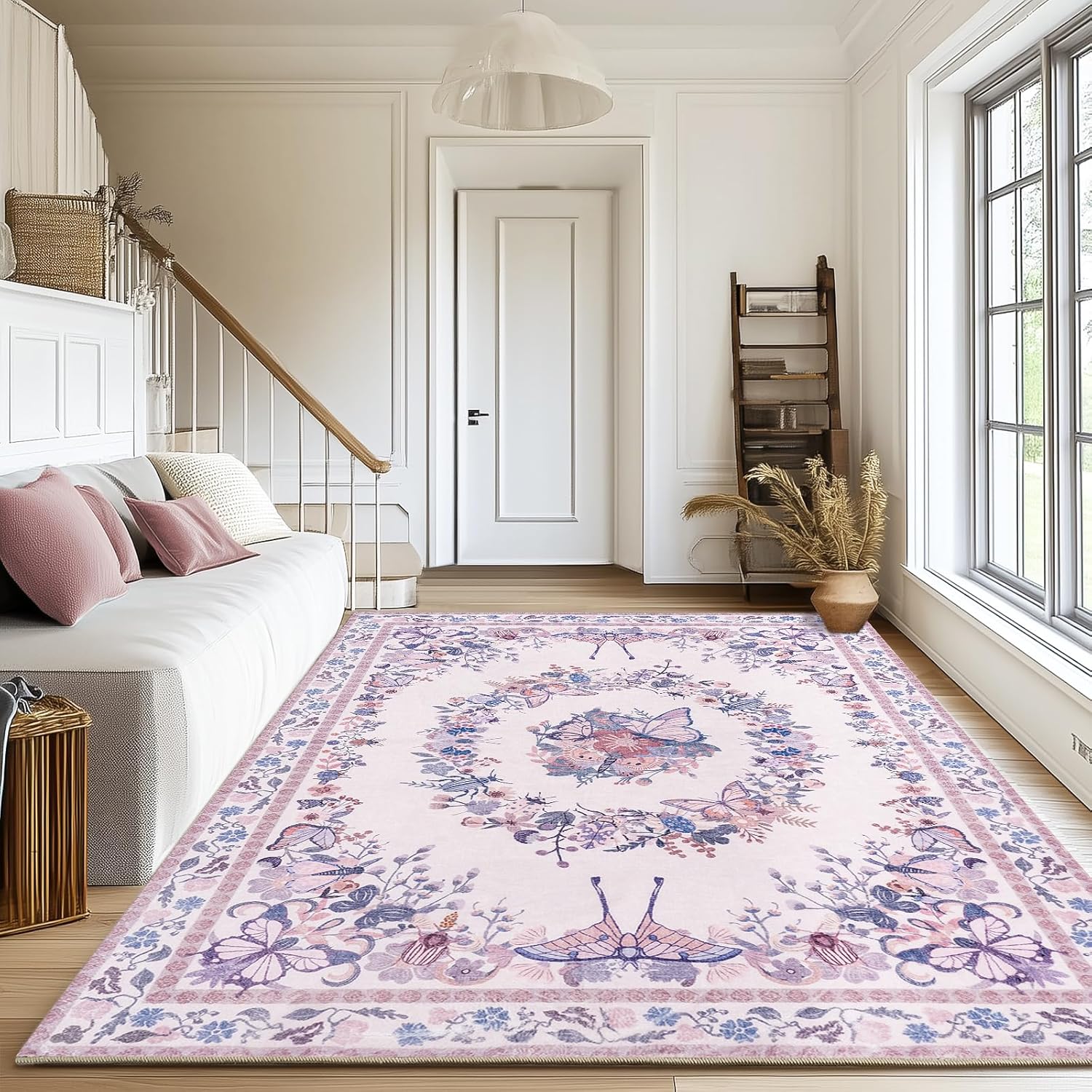 Large Beige Butterfly Floral Area Rug, Ultra-Thin Non-Slip Washable Mat for Living Room & Bedroom