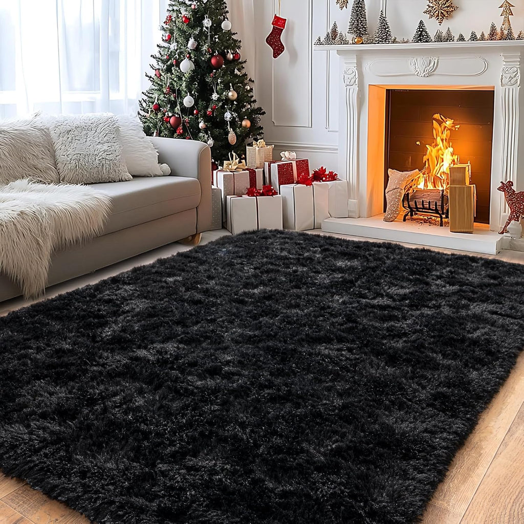 Black Shag Rug, Extra Soft 1.7" Plush Mat, Non-Slip, 100% Polyester for Bedroom or Living Room