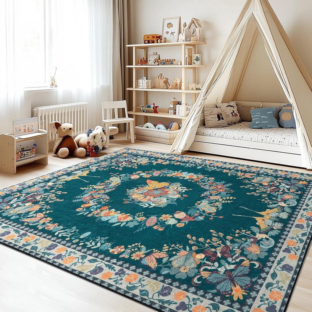 Large Beige Butterfly Floral Area Rug, Ultra-Thin Non-Slip Washable Mat for Living Room & Bedroom