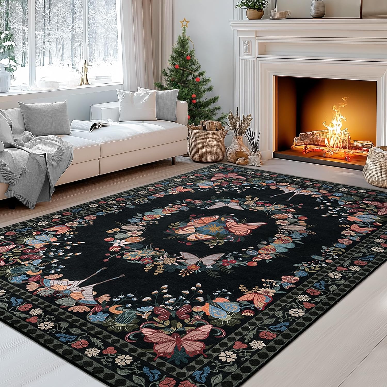 Large Beige Butterfly Floral Area Rug, Ultra-Thin Non-Slip Washable Mat for Living Room & Bedroom