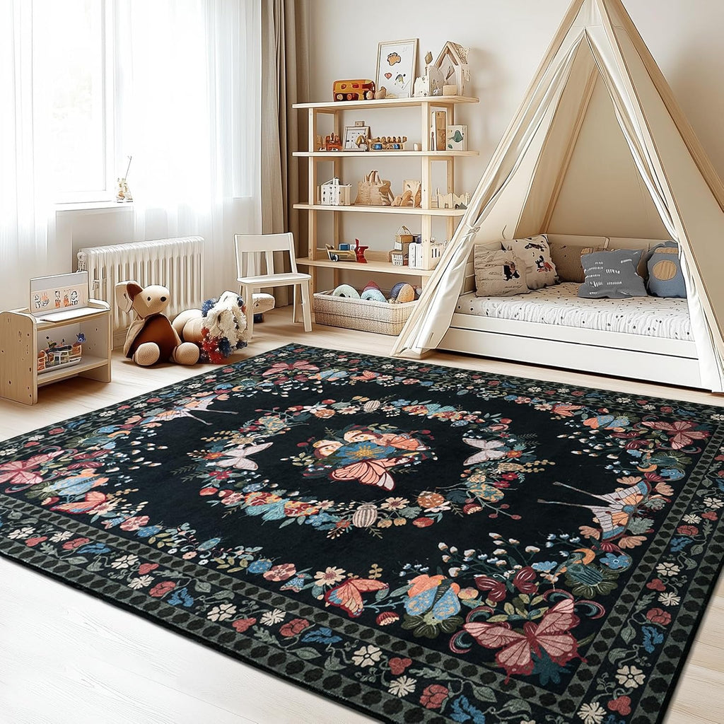 Large Beige Butterfly Floral Area Rug, Ultra-Thin Non-Slip Washable Mat for Living Room & Bedroom