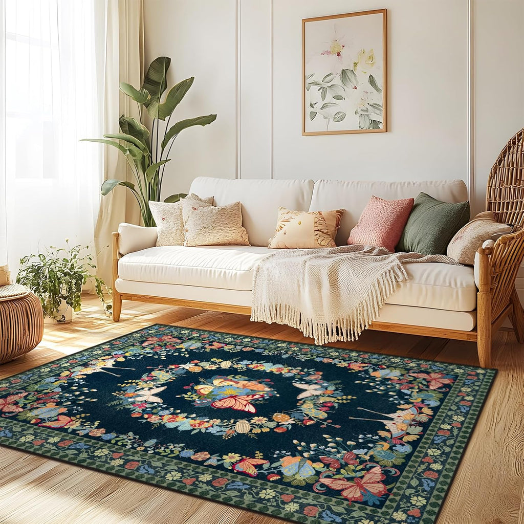 Large Beige Butterfly Floral Area Rug, Ultra-Thin Non-Slip Washable Mat for Living Room & Bedroom
