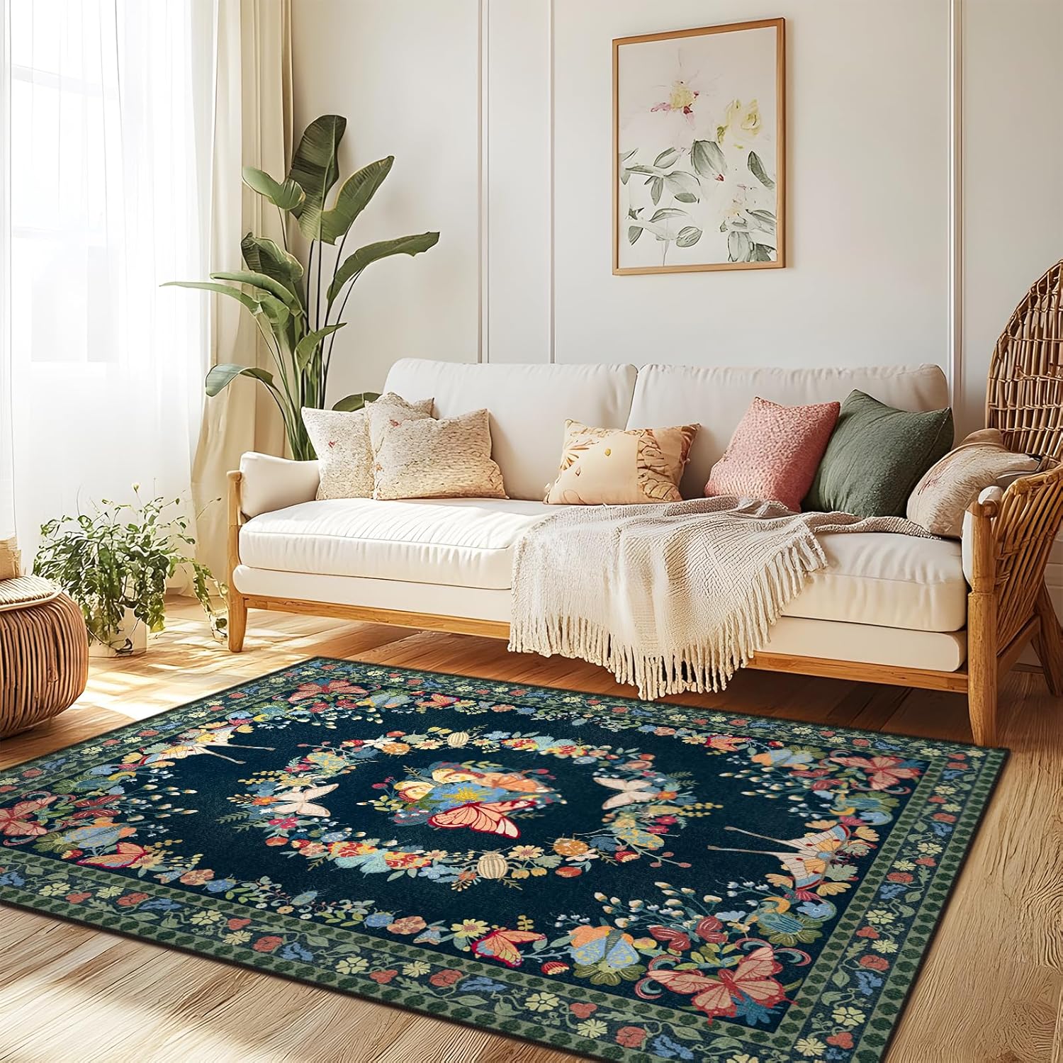 Large Beige Butterfly Floral Area Rug, Ultra-Thin Non-Slip Washable Mat for Living Room & Bedroom