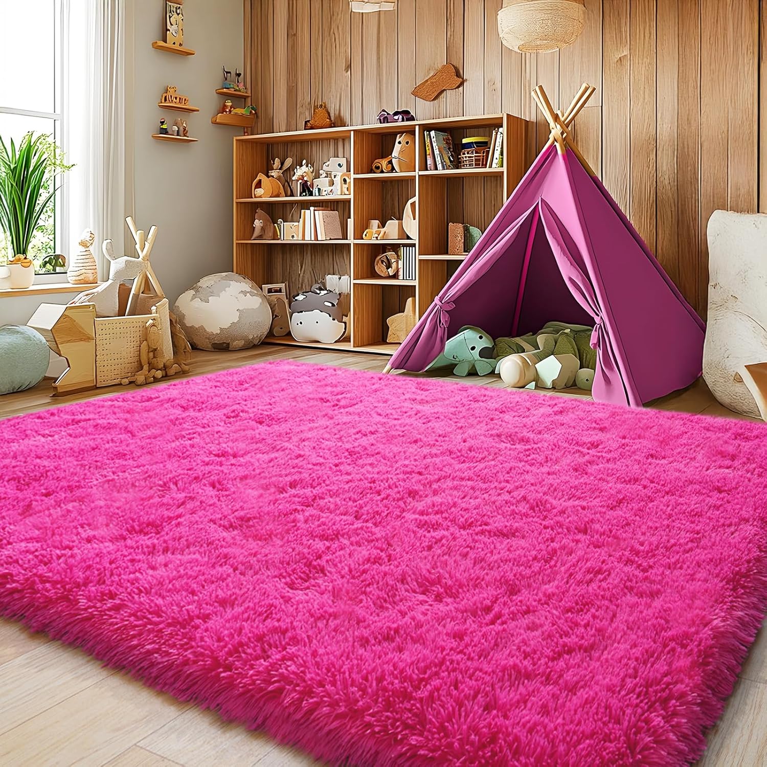 Rainbow Tie-Dye Fluffy Area Rug with Non-Slip Base & 4 Reusable Stickers, Plush Indoor Mat