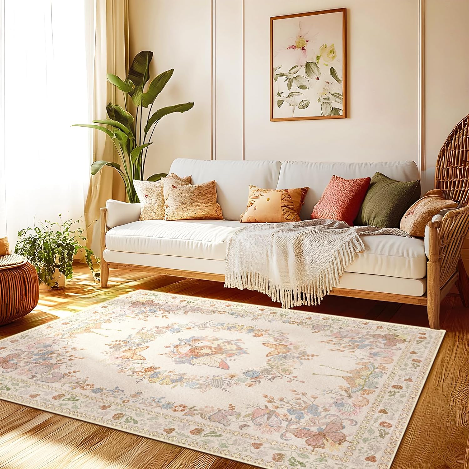 Large Beige Butterfly Floral Area Rug, Ultra-Thin Non-Slip Washable Mat for Living Room & Bedroom