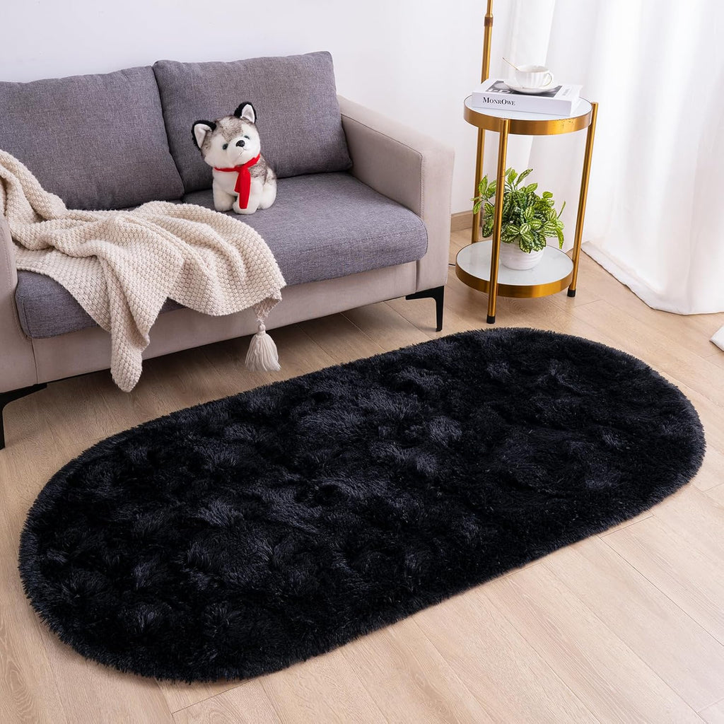 Fluffy Oval Area Rug 2.6 x 5.3 Ft, Soft Fuzzy Shag Carpet for Bedroom Bedside, Non-Slip Plush Shaggy Rug