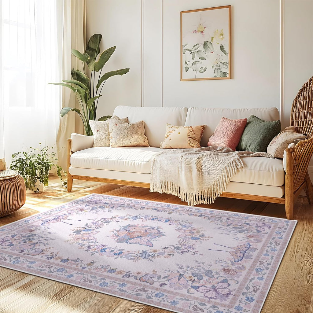 Large Beige Butterfly Floral Area Rug, Ultra-Thin Non-Slip Washable Mat for Living Room & Bedroom