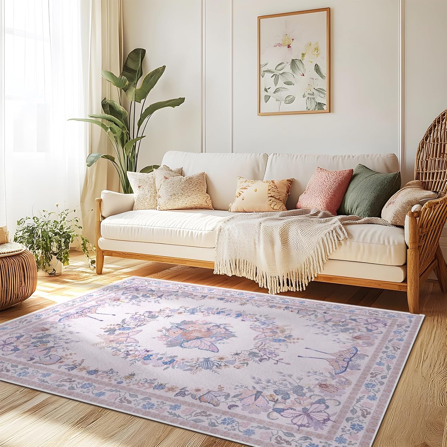 Large Beige Butterfly Floral Area Rug, Ultra-Thin Non-Slip Washable Mat for Living Room & Bedroom