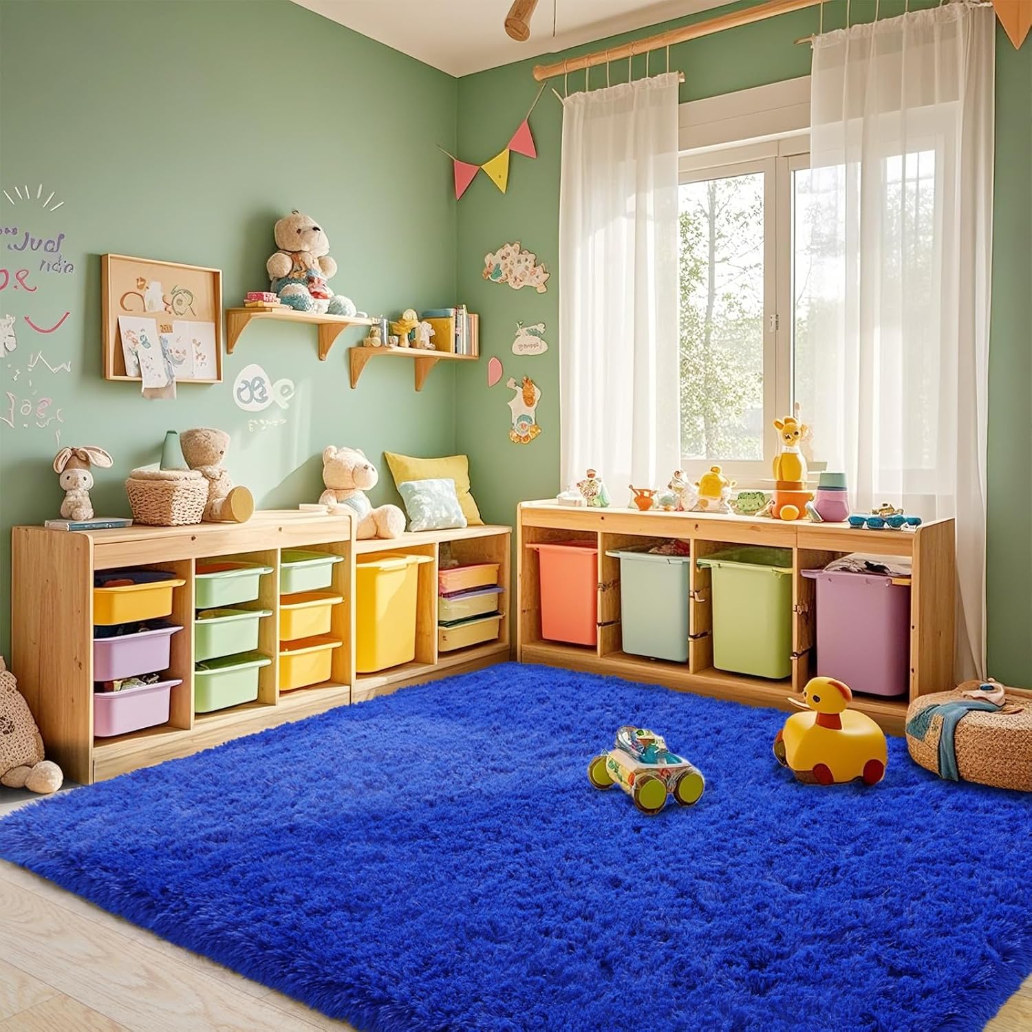 Rainbow Tie-Dye Fluffy Area Rug with Non-Slip Base & 4 Reusable Stickers, Plush Indoor Mat