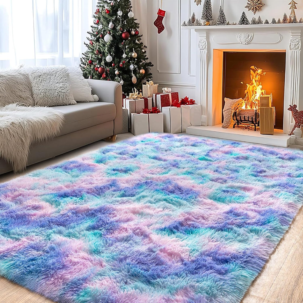5x7ft Soft Fluffy Rainbow Area Rug, Non-Slip Shag Carpet for Living Room Bedroom, Plush Rug for Home Dorm Decor