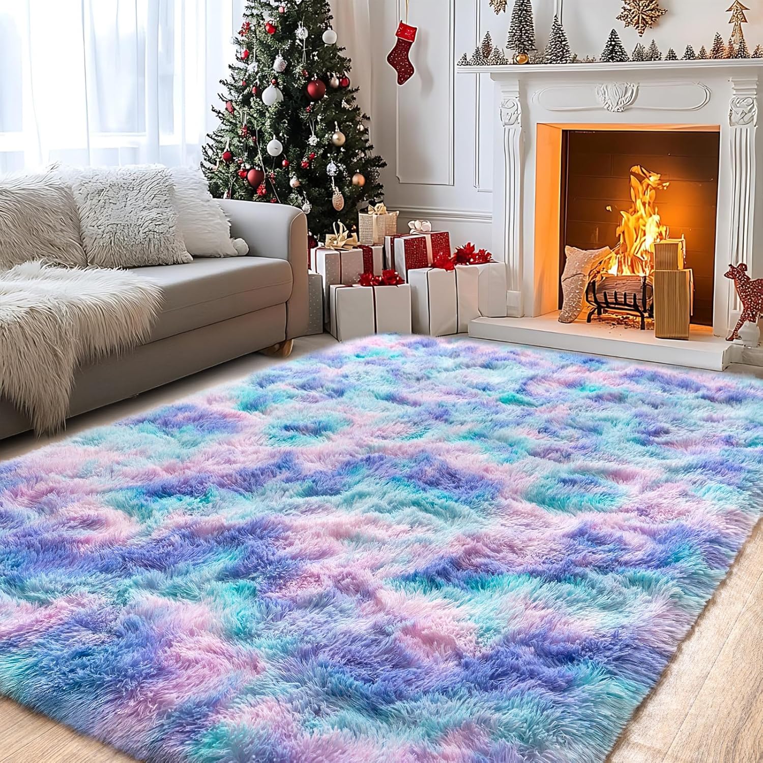 5x7ft Soft Fluffy Rainbow Area Rug, Non-Slip Shag Carpet for Living Room Bedroom, Plush Rug for Home Dorm Decor