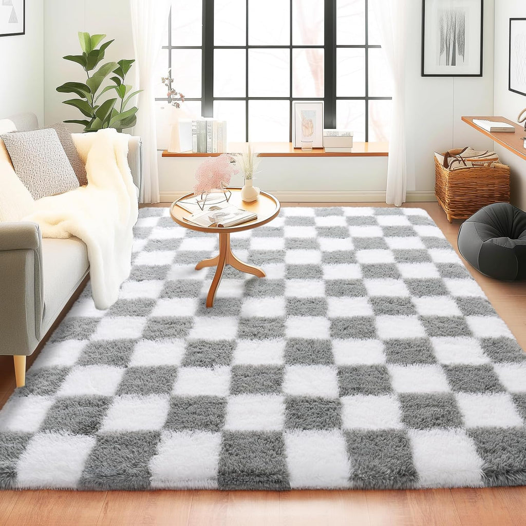 5x7 Feet Checkered Area Rugs For Living Room, Black Modern Super Soft Fluffy Rugs for Bedroom Home Aesthetic Decor