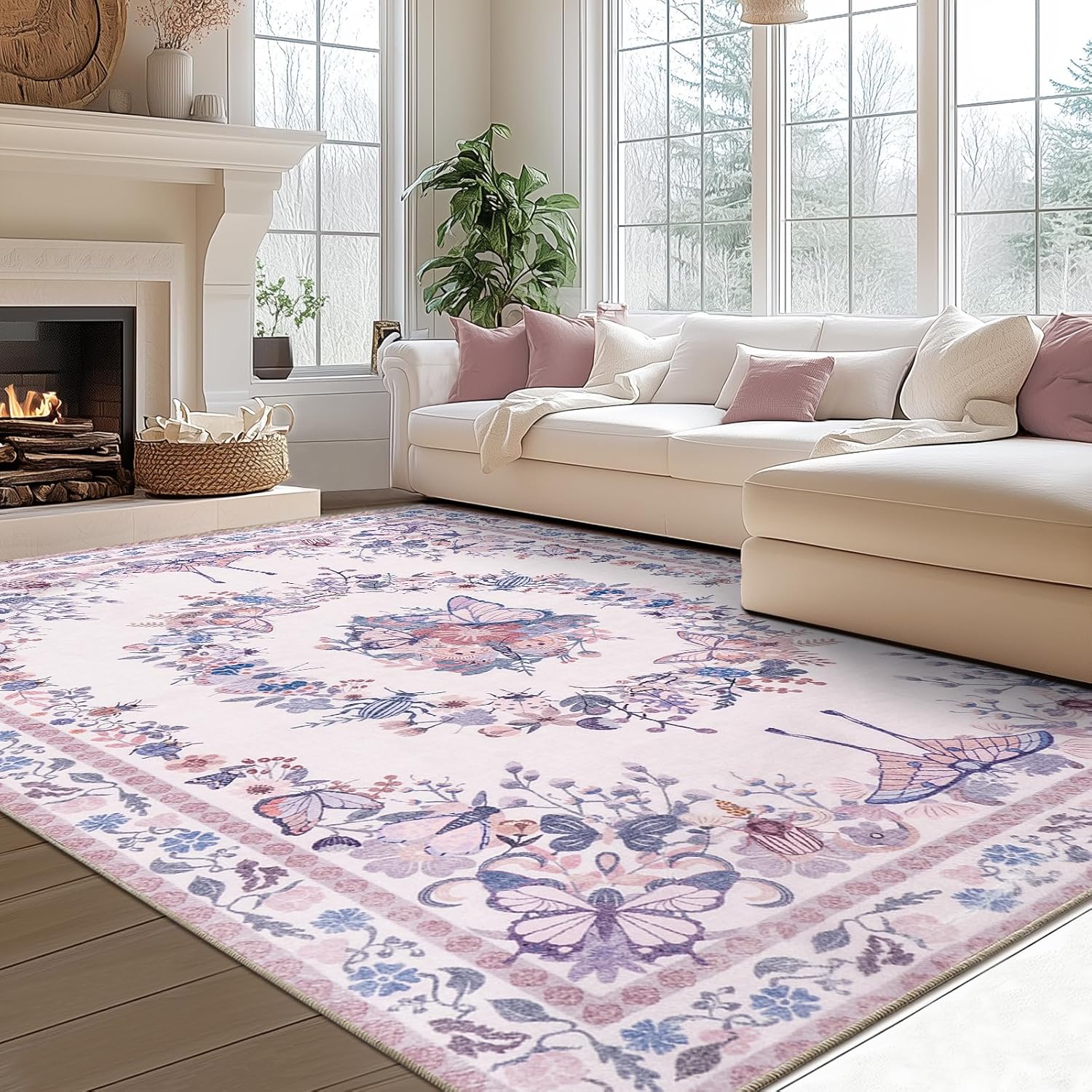 Large Beige Butterfly Floral Area Rug, Ultra-Thin Non-Slip Washable Mat for Living Room & Bedroom