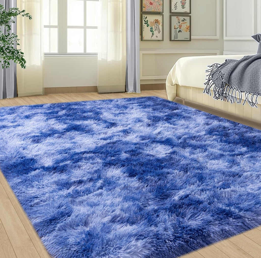 Extra Large Plush Shag Area Rug, 1.7" Thick Ultra Soft Non-Slip Tie-Dye Peacock Blue Mat