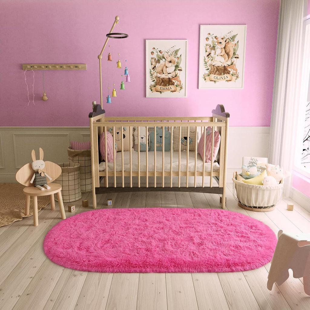 Fluffy Oval Area Rug 2.6 x 5.3 Ft, Soft Fuzzy Shag Carpet for Bedroom Bedside, Non-Slip Plush Shaggy Rug