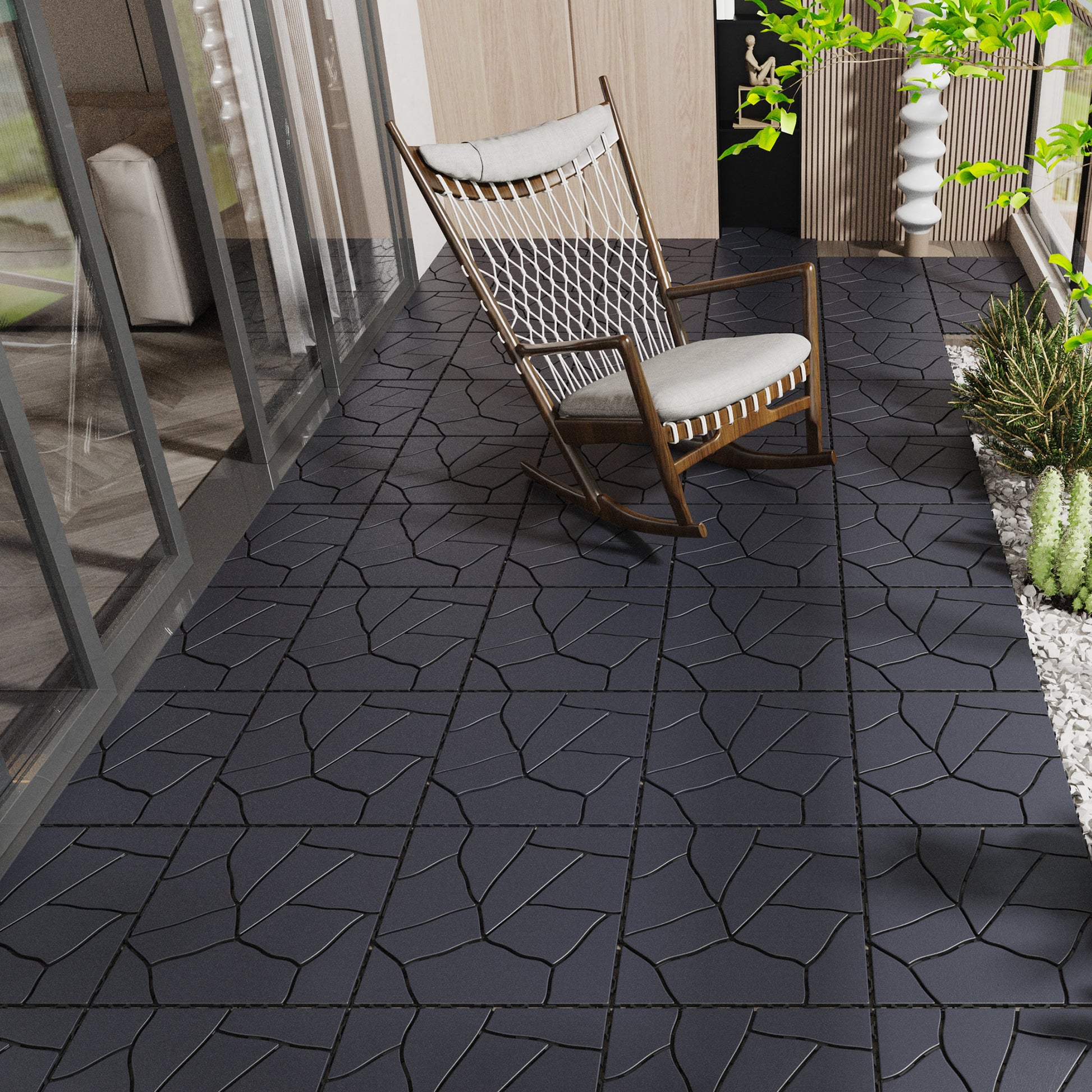 Chic Crate 44Pcs 12'' Stone Style Interlocking Patio Deck Tiles – DIY Tile, Dark Gray