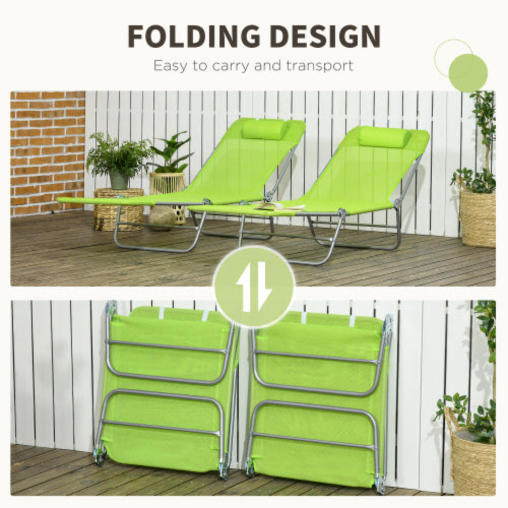 2-Piece Folding Chaise Lounge Chairs, Outdoor Sun Tanning Chairs with Breathable Mesh Seat & Headrest for Pool, Beach, Yard, Patio, Green