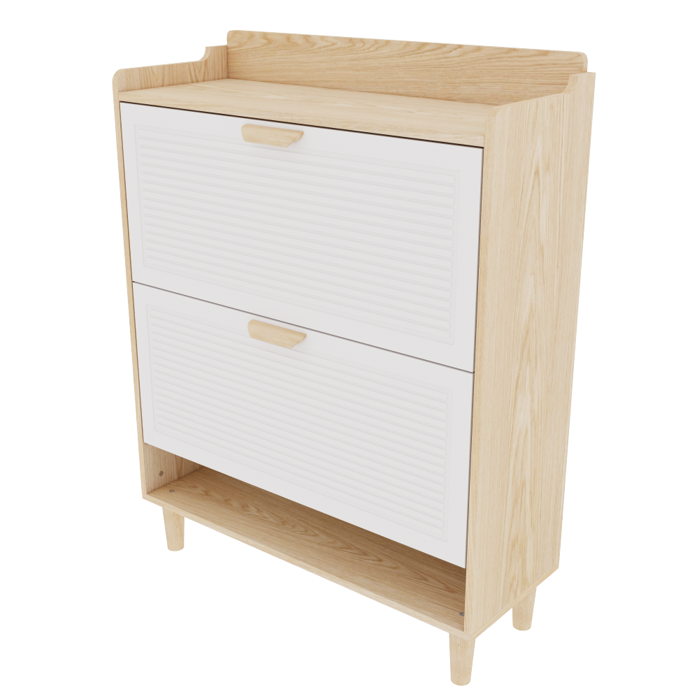 Chic Crate-31.5in Nordic Shoe Storage Cabinet – 2 Flip-Drawer Organizer | Solid Wood Legs | Entryway/Narrow | White/Solid Wood